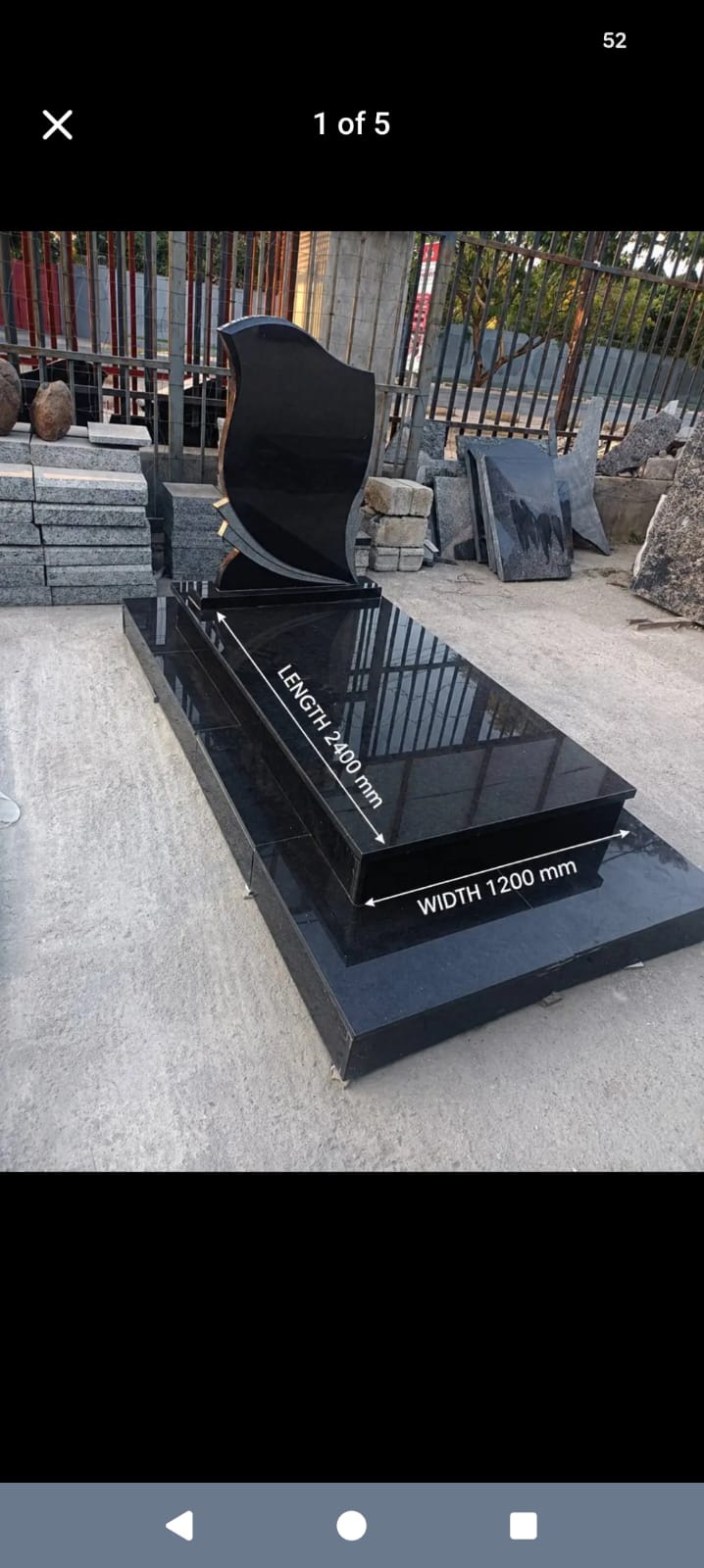 Polished black granite monument, 2400 by 1200 millimetres, export finish